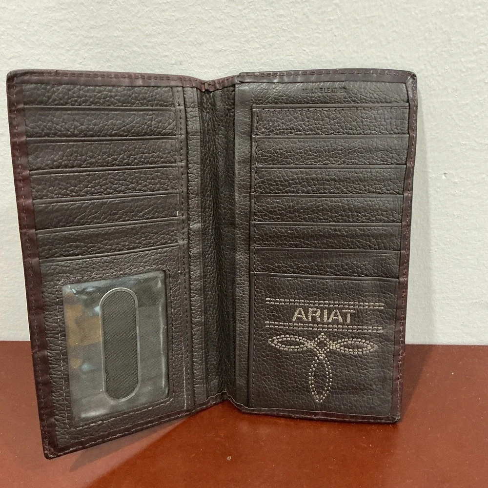 Ariat Western Mens Wallet Rodeo Leather Embroidered Logo Brown Perforated Edge - Picture 3 of 3